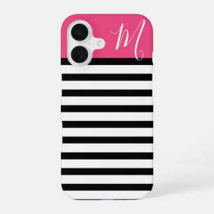 Coque iPhone 16 Monogramme à rayures de preppy noir et rose