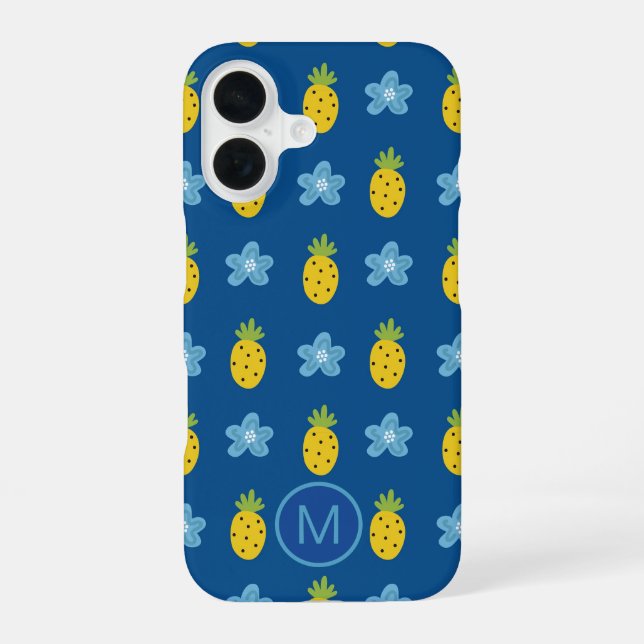 Coque iPhone 16 Monogramme Ananas et Fleurs Bleues (Verso)
