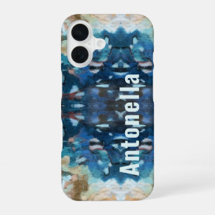 Coque iPhone 16 Monogramme bleu marine crème turquoise aquarelle a