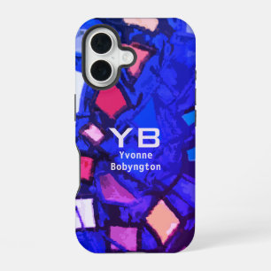 Coque iPhone 16 Monogramme bleu marine indigo abstrait coloré lumi