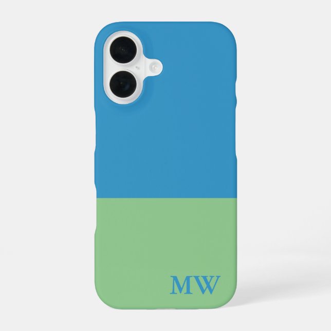 Coque iPhone 16 Monogramme Bloc de Couleur Bleu Ciel & Vert (Verso)