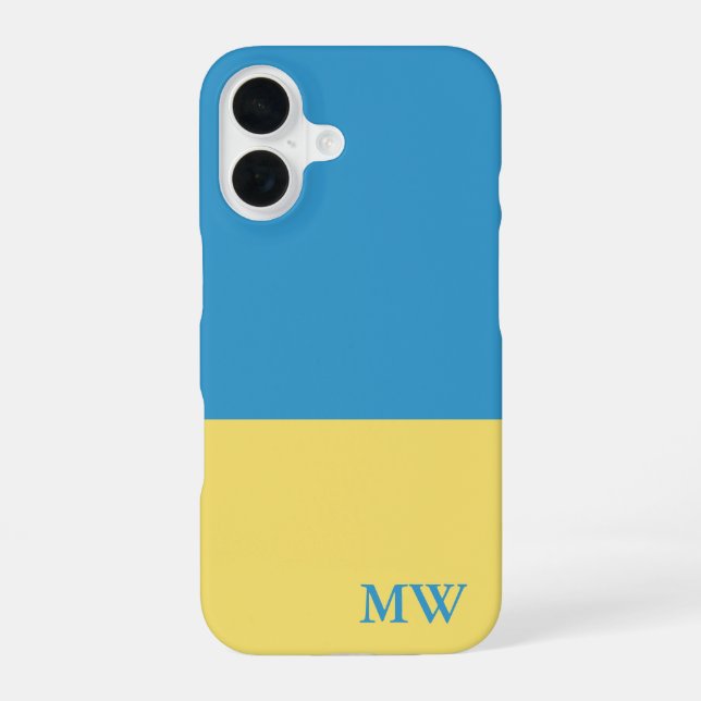 Coque iPhone 16 Monogramme Bloc de Couleurs Bleu Ciel et Jaune (Verso)