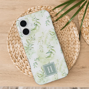 Coque iPhone 16 Monogramme botanique vert pastel éthéré délicat