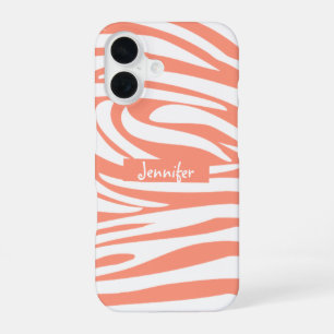 Coque iPhone 16 Monogramme Coral rose rayé Zèbre motif tendance