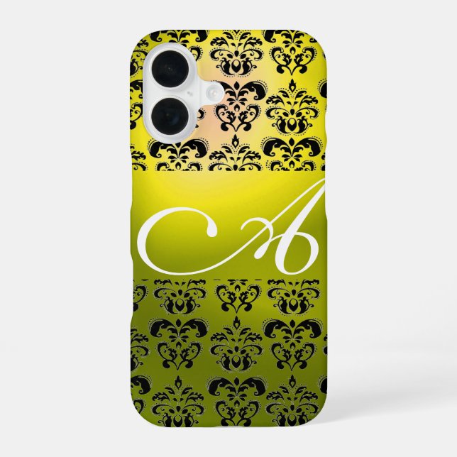 COQUE iPhone 16 MONOGRAMME DAMASSÉ NOIR JAUNE (Verso)