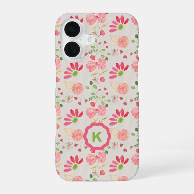 Coque iPhone 16 Monogramme de botanique florale rose et verte (Verso)