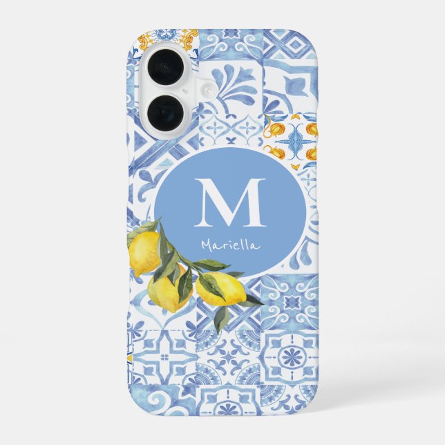 Coque iPhone 16 Monogramme de citron, carreau bleu (Verso)