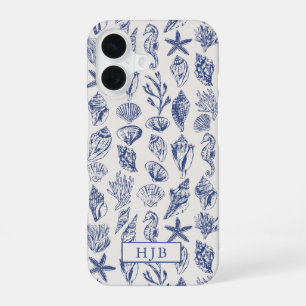 Coque iPhone 16 Monogramme de croquis bleu de coquilles marines na