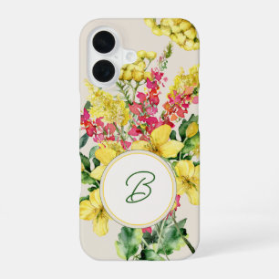 Coque iPhone 16 Monogramme de fleur sauvage à l'aquarelle