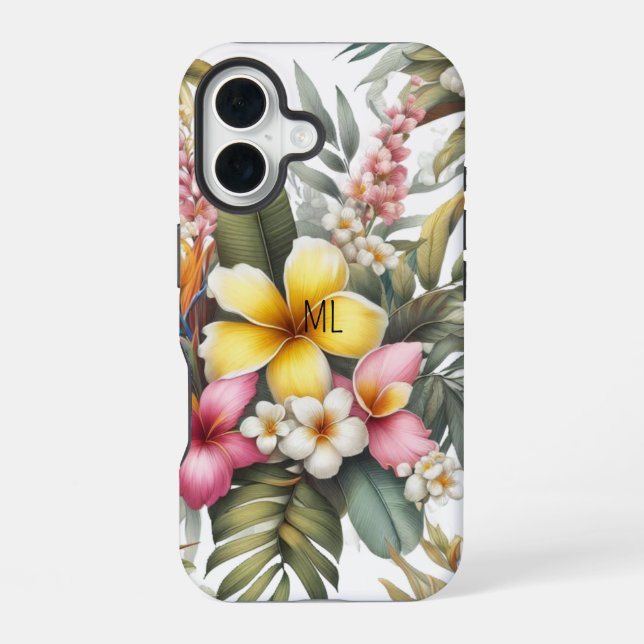 Coque iPhone 16 Monogramme de fleurs tropicales Design d'île (Verso)