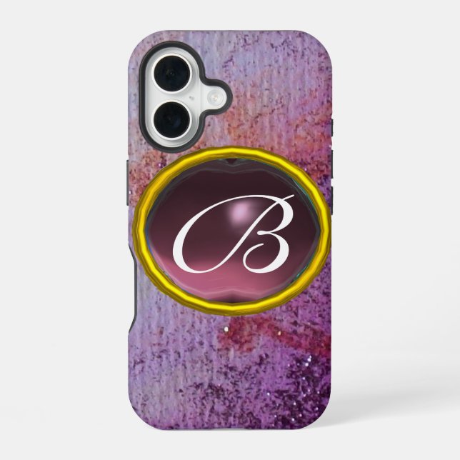 Coque iPhone 16 MONOGRAMME DE GEMME ABSTRAITE violet (Verso)