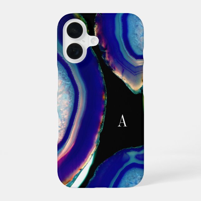 Coque iPhone 16 Monogramme de géode d'agate indigo chic (Verso)