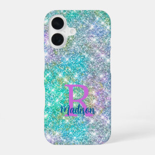 Coque iPhone 16 Monogramme de la fausse parties scintillant bleue
