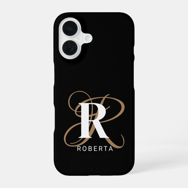 Coque iPhone 16 Monogramme de nom de script or noir élégant (Verso)