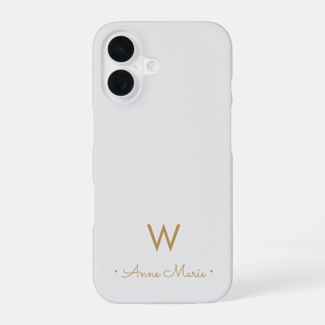 Coque iPhone 16 Monogramme de script doré gris clair moderne (Verso)