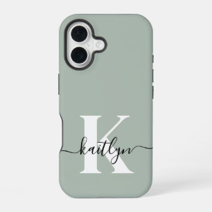 Coque iPhone 16 Monogramme de style moderne vert sauge