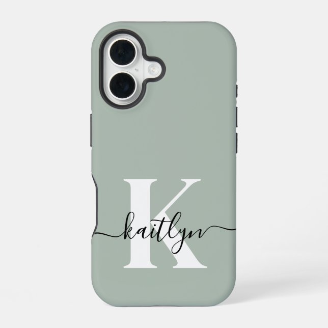 Coque iPhone 16 Monogramme de style moderne vert sauge (Verso)