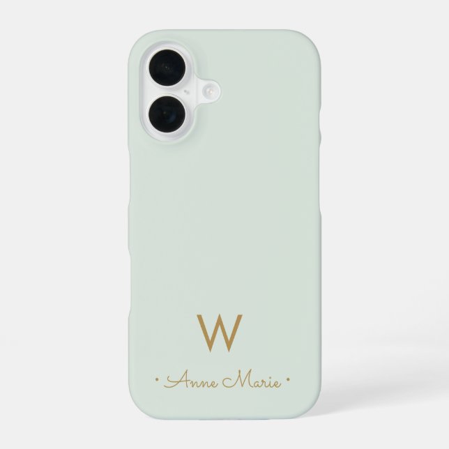 Coque iPhone 16 Monogramme de style moderne vert sauge or (Verso)