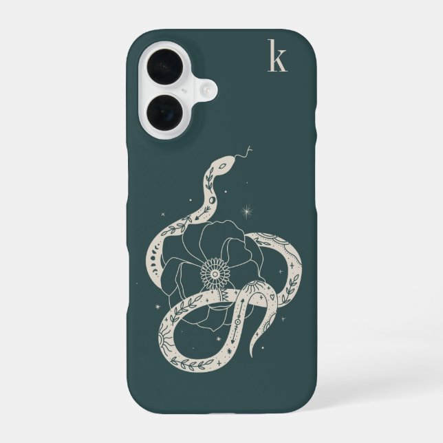 Coque iPhone 16 Monogramme d'illustration de serpent botanique mys (Verso)