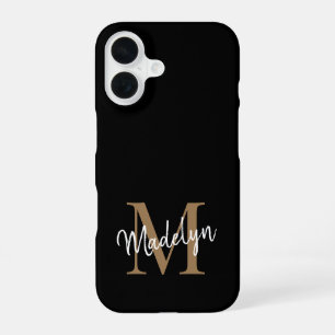 Coque iPhone 16 Monogramme d'or noir moderne Nom du script féminin
