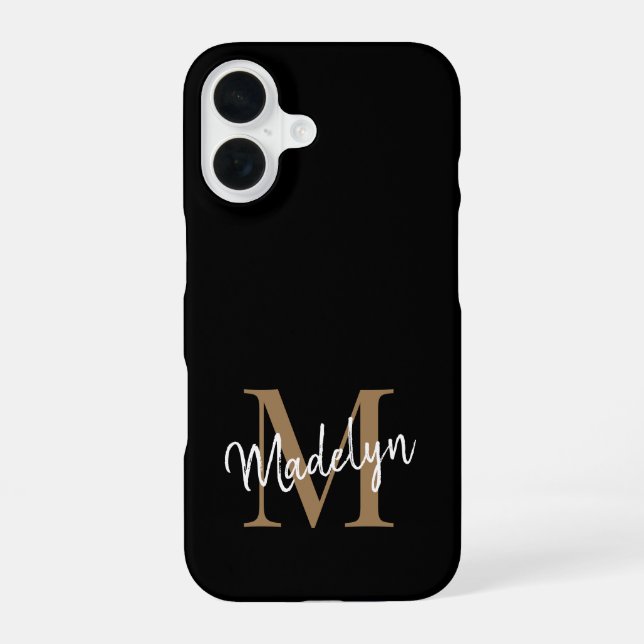 Coque iPhone 16 Monogramme d'or noir moderne Nom du script féminin (Verso)
