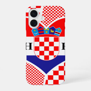 Coque iPhone 16 Monogramme Drapeau Croatie Cœur Damier