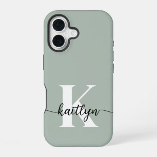 Coque iPhone 16 Monogramme écriture vert sauge