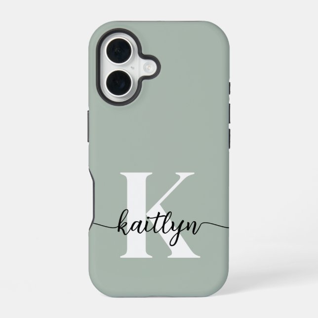 Coque iPhone 16 Monogramme écriture vert sauge (Verso)
