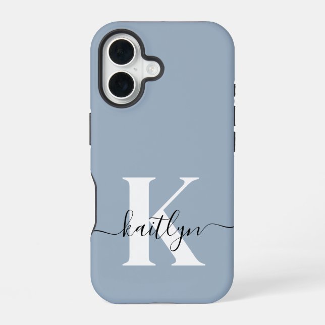 Coque iPhone 16 Monogramme élégant en bleu poussiéreux (Verso)