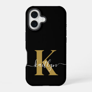 Coque iPhone 16 Monogramme élégant en or noir écriture