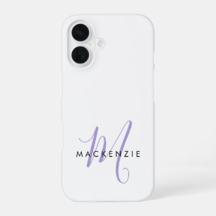 Coque iPhone 16 Monogramme Élégant Moderne Blanc Lavande en Écritu