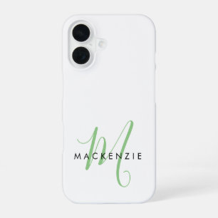 Coque iPhone 16 Monogramme élégant moderne blanc vert écriture