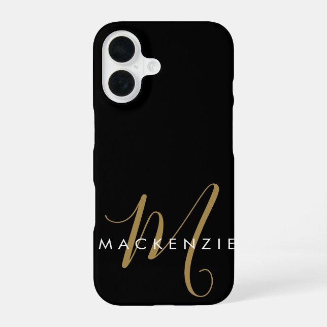 Coque iPhone 16 Monogramme élégant moderne noir or écriture (Verso)