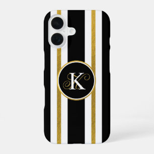 Coque iPhone 16 Monogramme élégant personnalisé avec rayures noire
