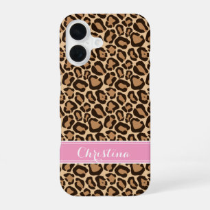 Coque iPhone 16 Monogramme Empreinte de léopard rose et Brown