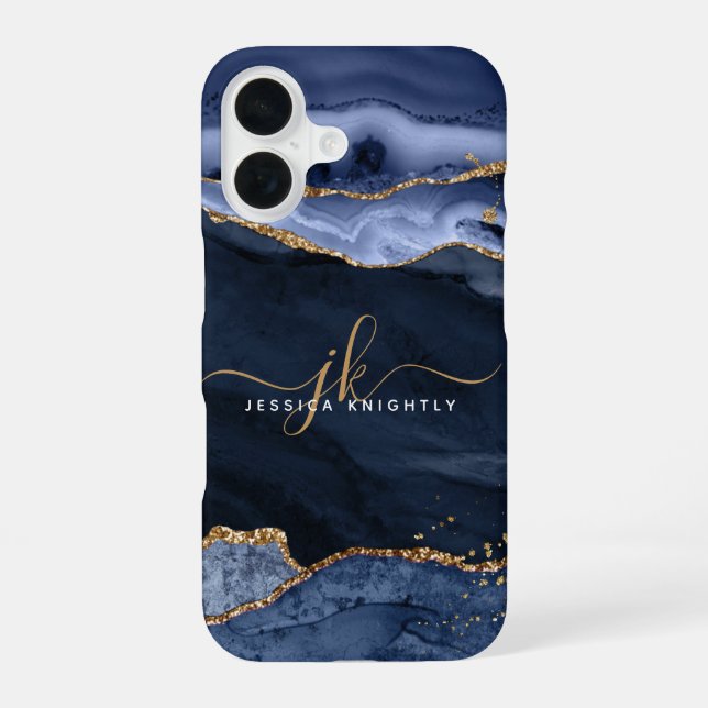 Coque iPhone 16 Monogramme en écriture dorée sur géode d'agate ble (Verso)