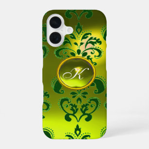 COQUE iPhone 16 MONOGRAMME EN PIERRE PRÉCIEUSE EN DAMAS JAUNE VERT