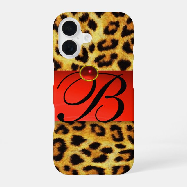 COQUE iPhone 16 MONOGRAMME EN PIERRE ROUGE DE LA FOURRURE LÉOPARDE (Verso)