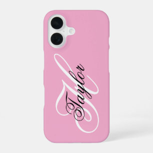 Coque iPhone 16 Monogramme fantaisie noir et blanc Rose