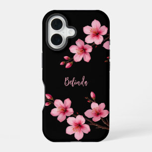 Coque iPhone 16 Monogramme Fleur de Cerisier Rose Aquarelle