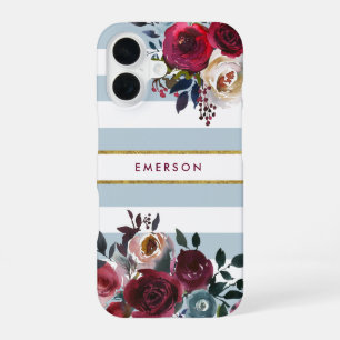 Coque iPhone 16 Monogramme Fleurie Rayée Bohème Bleu Poussiéreux