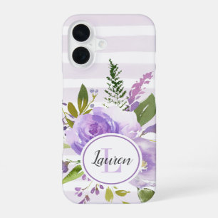 Coque iPhone 16 Monogramme Fleurs de Lilas et Rayures