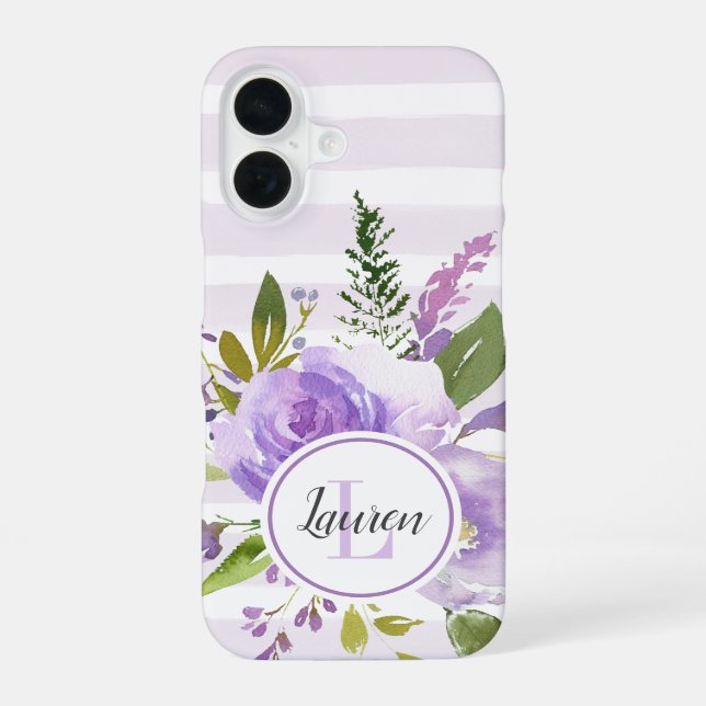 Coque iPhone 16 Monogramme Fleurs de Lilas et Rayures (Verso)