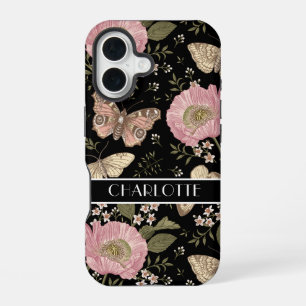 Coque iPhone 16 Monogramme floral noir botanique de fleur sauvage