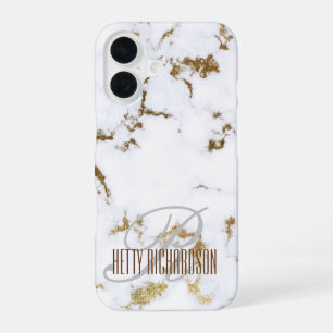 Coque iPhone 16 Monogramme initial minimaliste en marbre blanc de