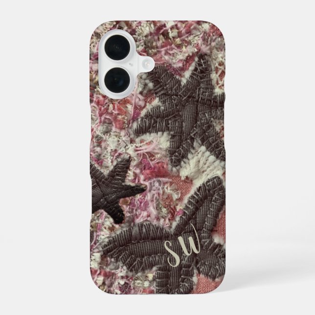 Coque iPhone 16 Monogramme Initiales Cute Peach Gris Crème Florale (Verso)
