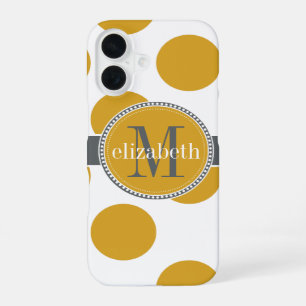 Coque iPhone 16 Monogramme jaune or et gris grand Pois