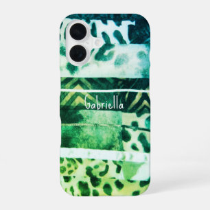 Coque iPhone 16 Monogramme léopard poster de animal vert turquoise