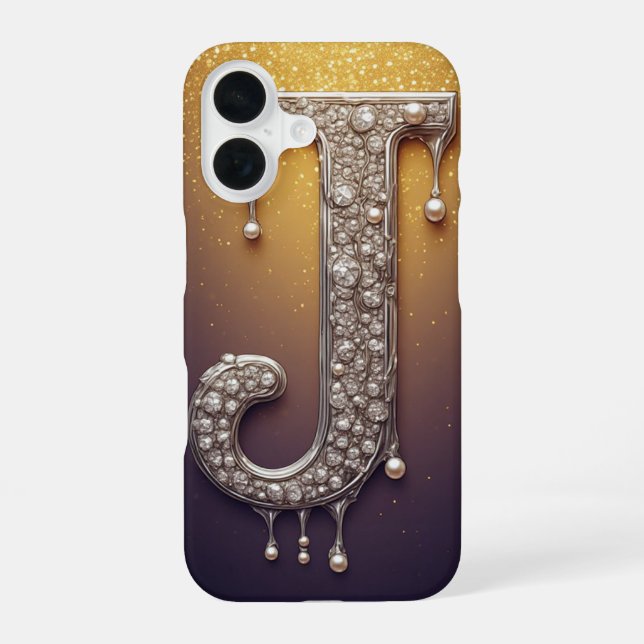 Coque iPhone 16 Monogramme lettre J de luxe en or diamanté perle (Verso)