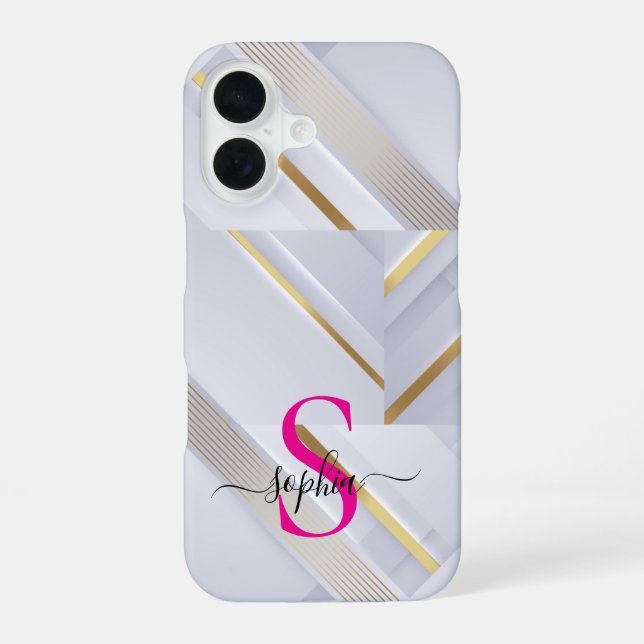 Coque iPhone 16 monogramme lignes dorées marbre blanc (Verso)